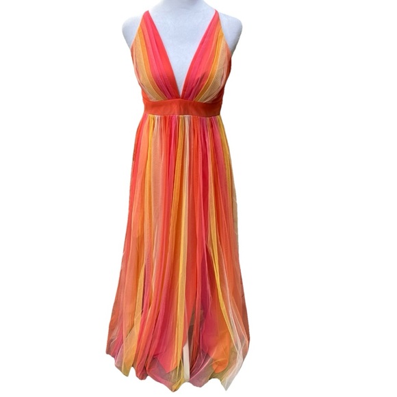 Luxxel Dresses & Skirts - Luxxel Rainbow Dress Small Plunging Open Back Strappy Maxi Babydoll Fairy Ballet